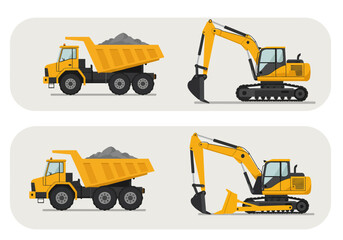 Illustration of yellow dump trucks carrying material and excavators with buckets, used in construction and earthmoving.