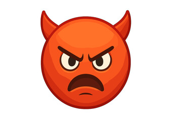 Angry devil emoji icon. Evil red face with horns. Mad, furious emotion. Annoyed, enraged character expression. Demon or satan symbol. Bad mood concept vector illustration.