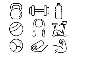 Fitness equipment icon set. Vector collection of gym workout essentials in a simple outline style. Dumbbell, kettlebell, yoga mat, exercise bike for health and sport training.