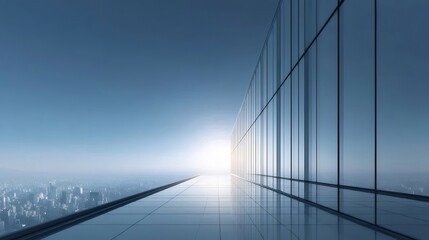 Fototapeta premium 青空とガラスの壁面を持つ高層ビルと都市景観のパノラマ