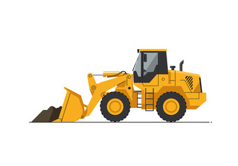 A yellow front-end loader with a full bucket of dirt, isolated on a white background.