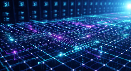 Abstract digital network of data transfer and processing, futuristic technology concept.