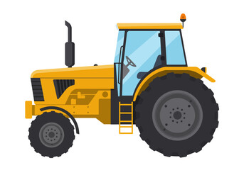 Yellow tractor illustration with large tires and cabin.