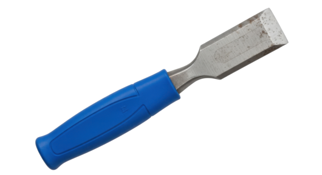 Blue handled chisel for woodworking projects isolated PNG with Transparent Background