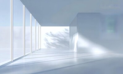 Obraz premium 明るい白い部屋のインテリアと窓から見える木のシルエット