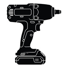 Powerful black silhouette of a cordless impact wrench tool with battery for construction and diy projects silhouette