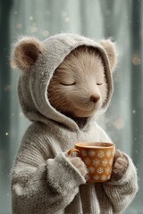 Peaceful teddy bear in cozy knitted hoodie holding festive orange mug, soft snowy atmosphere with gentle light, perfect for winter greeting cards, Christmas designs, childrens art, seasonal decor