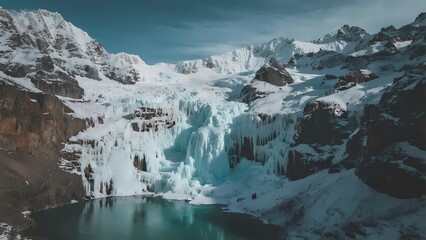 Snow-covered mountains with a glacier feeding into a turquoise alpine lake