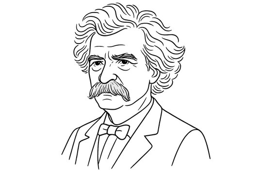 Mark Twain, Samuel Langhorne Clemens, an American author, and humorist of the 19th-20th century. Famous writer portrait. Sketch linear vector illustration isolated concept.