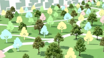 Aerial view of charming animated city park with diverse trees - Powered by Adobe