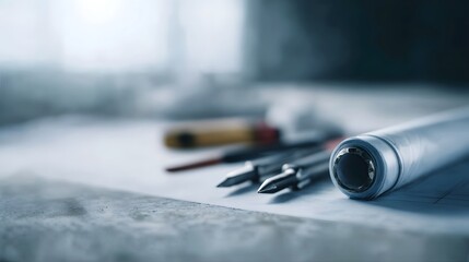 Naklejka premium Technical tools like screwdrivers rest on architectural plans and a rolled blueprint illuminated by bright clean light in a workspace