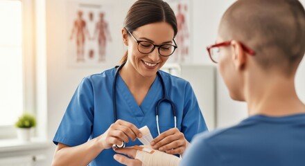 Healthcare professional bandaging a patient's injured hand during a medical consultation