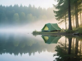 穏やかな湖畔のキャンプ場 緑のテントと霧の森