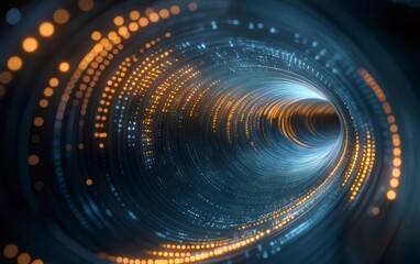 青とオレンジの光るドットが渦巻くトンネル