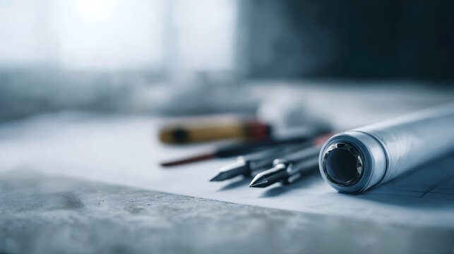 Technical tools like screwdrivers rest on architectural plans and a rolled blueprint illuminated by bright clean light in a workspace - Powered by Adobe