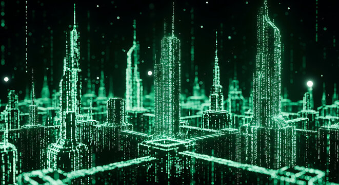 Futuristic digital cityscape rendered in glowing green binary code and data points, resembling a virtual reality metropolis.