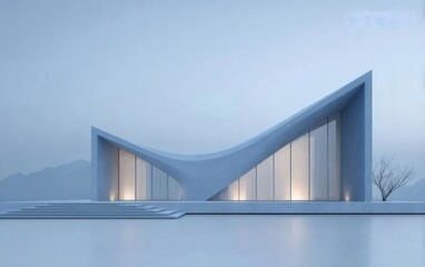 ミニマリスト建築 白い背景に幾何学的なデザインの建物