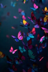 色とりどりの蝶が暗い背景に舞う幻想的な光景