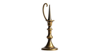 Ornate bronze candlestick with a curved handle, dark backdrop