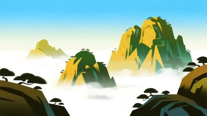 山々と霧の風景 雲と木々のピクセルアート