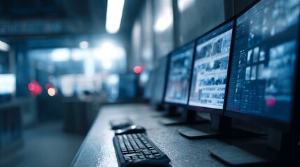 A row of computer monitors displays data and images in a modern blue lit control room featuring a keyboard