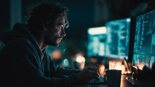 A cinematic shot of a young entrepreneur typing late at night, his face illuminated by the soft glow of multiple monitors with coffee mugs nearby.

