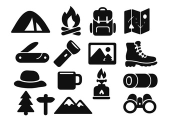 Outdoor adventure camping icons set with hiking essentials, backpack, tent, campfire, map, flashlight, boots, binoculars, mountain landscape, camping gear silhouette vector