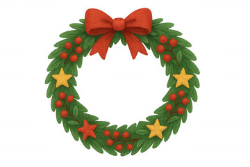 Christmas holiday wreath frame with red bow, green evergreen branches, berries, and stars, transparent background