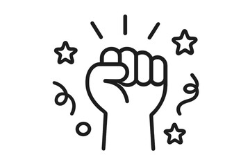 Fist punch icon celebrating victory, linear style vector cartoon illustration with stars and confetti, empowerment symbol, success gesture, transparent background