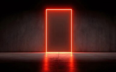 赤いネオンの長方形の光る入り口と暗いコンクリートの壁