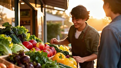 Smiling market vendor arranging apples at outdoor farmers market stall with fresh organic vegetables in golden hour sunlight, friendly service and local produce - Powered by Adobe