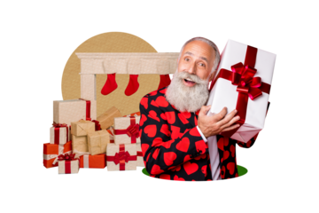 Creative 3D photo collage trend artwork template of aged man bear wear suit hand hold big giftbox present socks tradition merry christmas