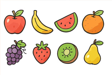Colorful set of 8 hand-drawn fruit doodles with watercolor texture, vector icons including apple, banana, watermelon, orange, grapes, strawberry, kiwi, and pear, fresh healthy food illustration