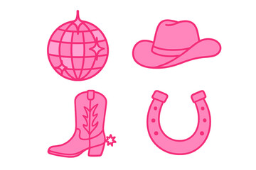 Set of cowgirl accessories in Wild West style with disco ball, cowboy boots, pink hat, and horseshoe. Bright pink female fashion, flat contour design, Barbiecore aesthetics, western theme.