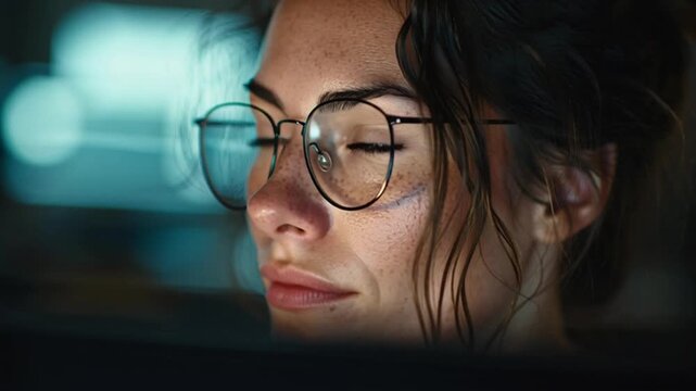 A close-up of a focused woman in glasses, her face illuminated by the glow of data on a computer monitor, with subtle reflections in her lenses.

