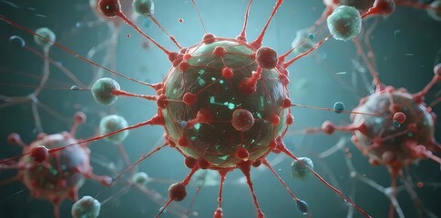 赤と緑の球状のコロナウイルスの高解像度レンダリング