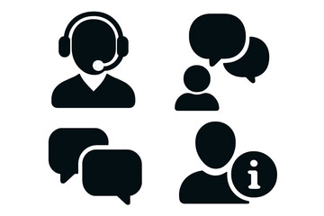 Support icons silhouette style, communication symbols vector illustration set, customer service, chat bubbles, information help, transparent background