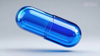 明るい背景に浮かぶ透明な青いカプセル錠剤