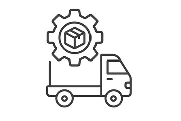 Delivery truck with gear and package icon, logistics and shipping concept, vector outline illustration for technology, transport, and supply chain management, transparent background