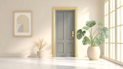 明るい日当たりの良い部屋の灰色のドアと緑のモンステラ