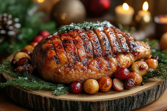 Turkey surrounded by apples and cranberries on wooden board.
