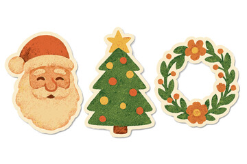Vintage halftone torn paper stickers set with warm Santa Claus face, decorated Christmas tree with star, and floral wreath in naive clay style, retro dotted vector illustration for holiday seasons