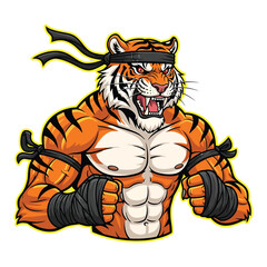 Fierce muscular tiger warrior with headband and bandages