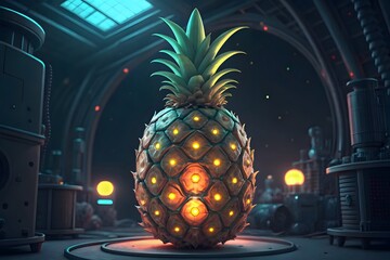 Cybernetic Pineapple with Glowing Lights in Industrial Setting fruit futuristic