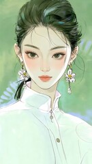 上品な女性の肖像画 白い服 デイジーのイヤリング