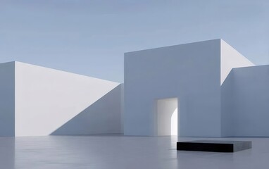 白い幾何学的構造のミニマリストデザインと柔らかい青い空