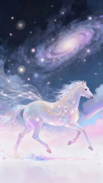 白馬が銀河を駆け巡る幻想的な風景 垂直構図