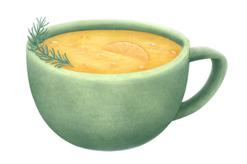 Watercolor isolated illustration of tea in a mug with sea buckthorn berries and a slice of orange. The drawing in a simple style is suitable for packaging, postcards and invitations.