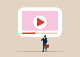 Video multimedia play button. Live streaming. Live streaming digital multimedia player, making money. Video Marketing. Social media online playing video. Vector flat illustration