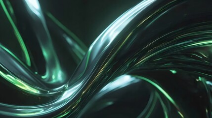 抽象的な緑と銀の渦巻きが絡み合う光沢のある背景